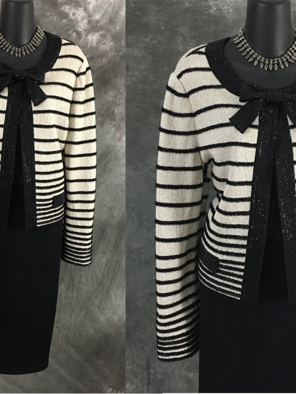 BEAUTIFUL st john couture knit black white evening embellished skirt suit 12